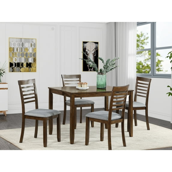 5 Piece Walnut Dining Table , Rectangular Wooden With 4 Upholstered Chairs For Room Modern 5 And Versatile Seating Home