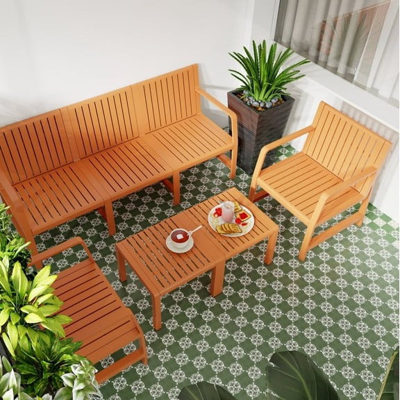 5-Piece Weatherproof Patio Conversation Set – 3-Seater Sofa, 2 Chairs, 2 Nesting Tables (Easy Assembly, Lightweight PP) – Perfect for Backyard & Small Spaces