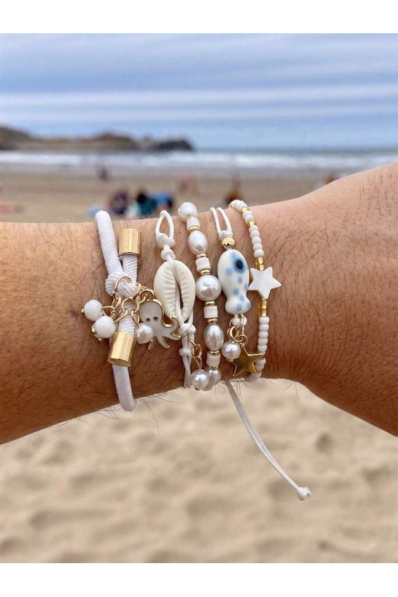 5-Piece White Ceramic Charm Stretch Bracelet Set With Octopus, Shell, Fish & Star Motifs For Women