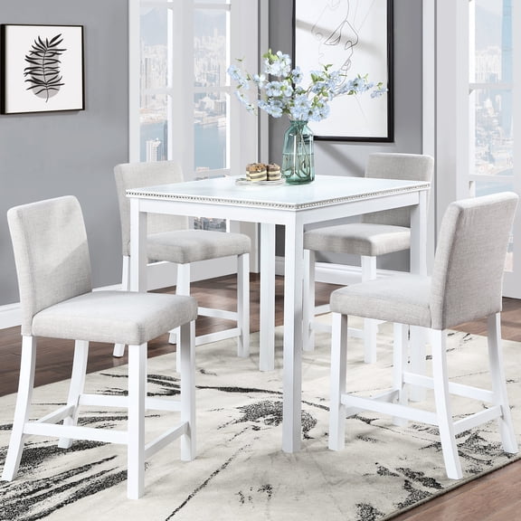 5-Piece White Dining Set with Wood Grain / Comfortable Backrests for Long Meals