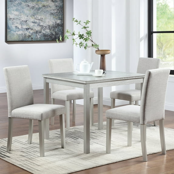 Silver Grey 5-Piece Wood Dining Set: Square Table & 4 Upholstered Chairs, Crystal Detail, Kitchen/Dining Room. Solid Wood, Seats 4, 34.5" Table.
