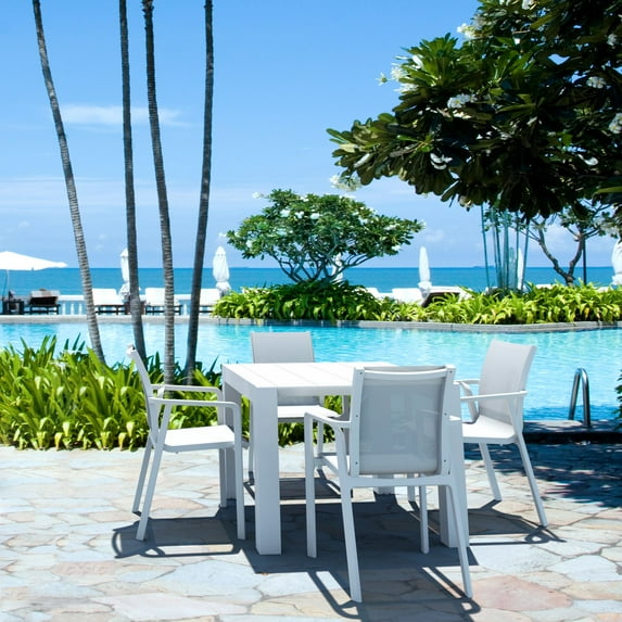 5-Piece White Resin Patio Dining Set with Extension Table and Sling Arm Chairs 55"