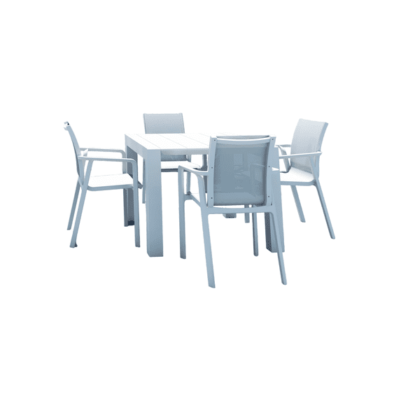Luxury Commercial Living 5-Piece White Resin Patio Dining Set with Extension Table and Sling Arm