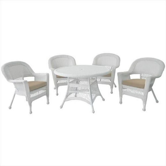 5 Piece White Wicker Dining Set - Tan Cushions