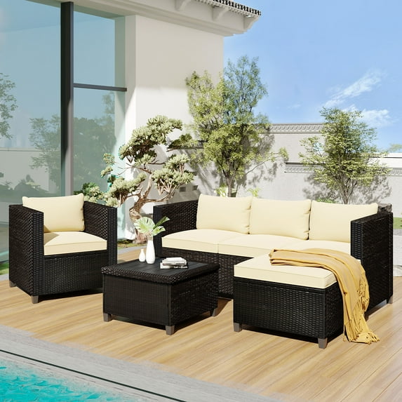 5 Piece Wicker Furniture Set, Outdoor Conversation Sofa Set, PE Rattan Sectional with Armchair, Coffee Table and Ottoman, for Patio, Backyard, Poolside, Deck, Beige, D8662