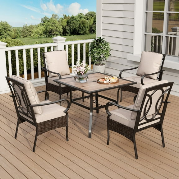 5-Piece Wicker Outdoor Patio Dining Set, Lounge Chair with Back/Seat Cushion & Wood-Grain Square Table with Umbrella Hole for 4 People, Beige