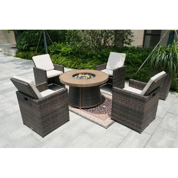 5-Piece Wicker Patio Conversation Set Outdoor Dining Set with Gray Cushions