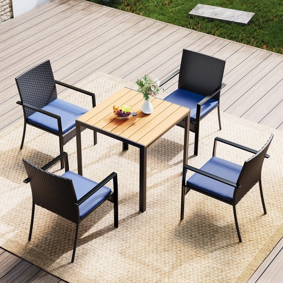 5-Piece Wicker Patio Dining Set, Outdoor Table with Umbrella Hole & 4 Chairs with Soft Cushions, Furniture for Backyard, Garden, Deck & Poolside