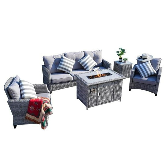 5-Piece Wicker Patio Fire Pit Sectional Seating Set with Gray Cushions