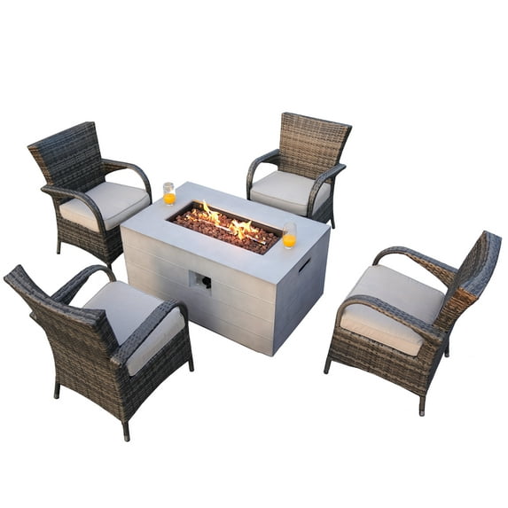 5-Piece Wicker Patio Firepit Dining Set with Gray Cushions