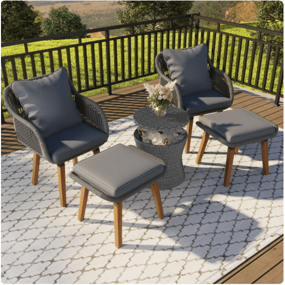 SEGMART 5-piece patio furniture set, Rattan Patio Chair Set with Ottoman and Wicker Cool Bar Table, Outdoor Furniture Set with Gray Seat Cushion for Garden, Backyard, Porch, Balcony, Poolside