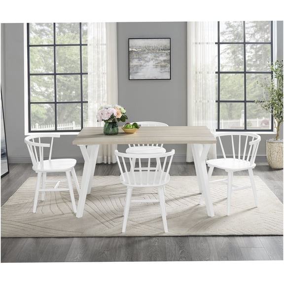 5-Piece Windsor Dining Set with Table & 4 Chairs in Antique White and Brown Wood Finish