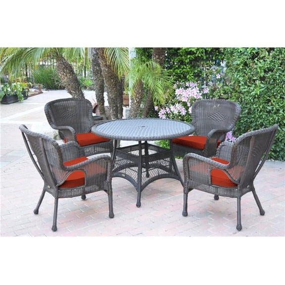 5 Piece Windsor Espresso Wicker Dining Set with Red Cushion