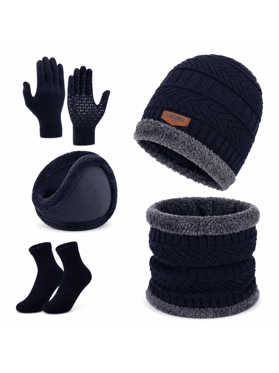 5-Piece Winter Hat Scarf Gloves Set for Men Women, Fleece Lined Knit Beanie Hat, Touchscreen Gloves, Neck Warmer, Earmuffs and Thermal Socks, for Skiing, Hiking, Cycling, Trave