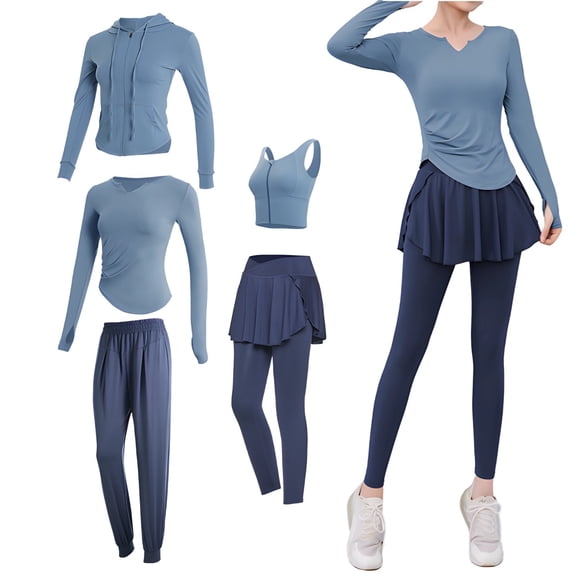 5 Piece Women's Athletic Apparel Set, Long Sleeve Activewear Clothing, Sport Trousers With Skirt Accent, Moisture Management, Airy Feel, Pleasant Feel, Yoga And Fitness Ready, Size XXL