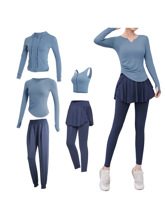 5 Piece Women's Athletic Apparel Set, Long Sleeve Activewear Clothing, Sport Trousers With Skirt Accent, Moisture Management, Airy Feel, Pleasant Feel, Yoga And Fitness Ready, Size XXL