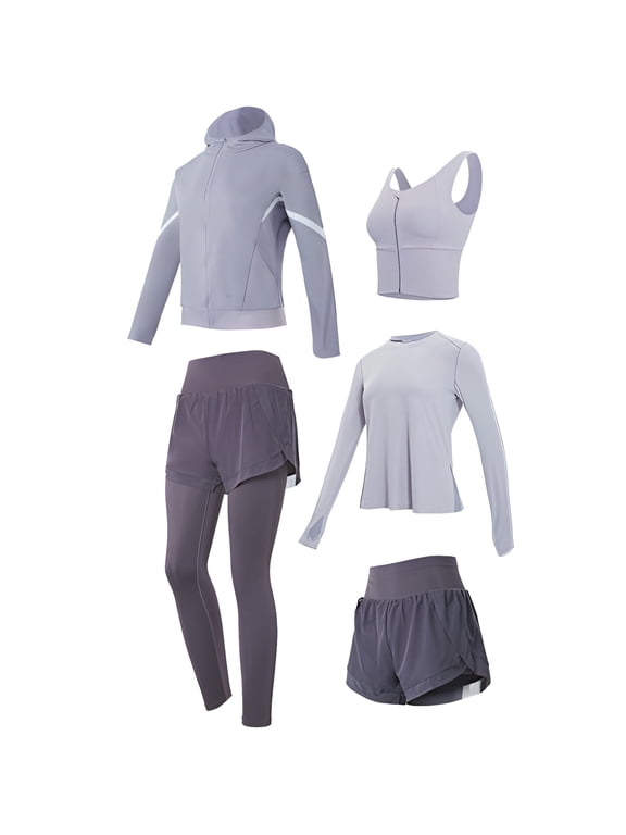 5 Piece Women's Athletic Clothing Set, Yoga Wear, Long Sleeve Workout Outfits for Women, XXL, Includes Hoodie, Integrated Bra, Breathable Stretchy Material, Ideal for Gym and Everyday