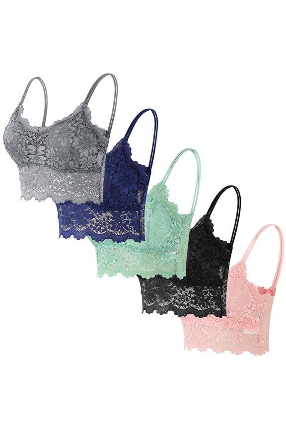 5-Piece Women's Lace Bralette Set with Floral Pattern, Double Strap, and Cropped Design for Layering and Comfort