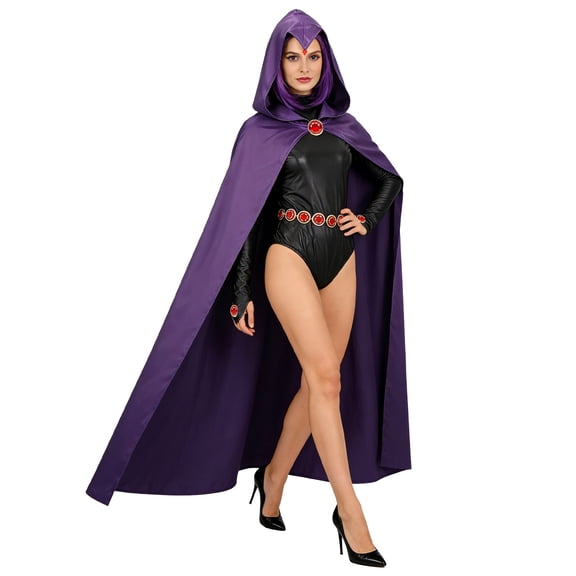 5-Piece Women's Titans Raven Cosplay Costume, Purple Hooded Cape Deluxe Jumpsuit with Wig for Halloween Anime Cosplay