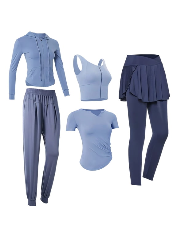 5 Piece Women's Yoga Athletic Clothing Set, Long Sleeve Workout Wear for Ladies, Breathable Moisture-Wicking, Includes Jacket, Top, Trousers, Skirt, Black, XXL Size
