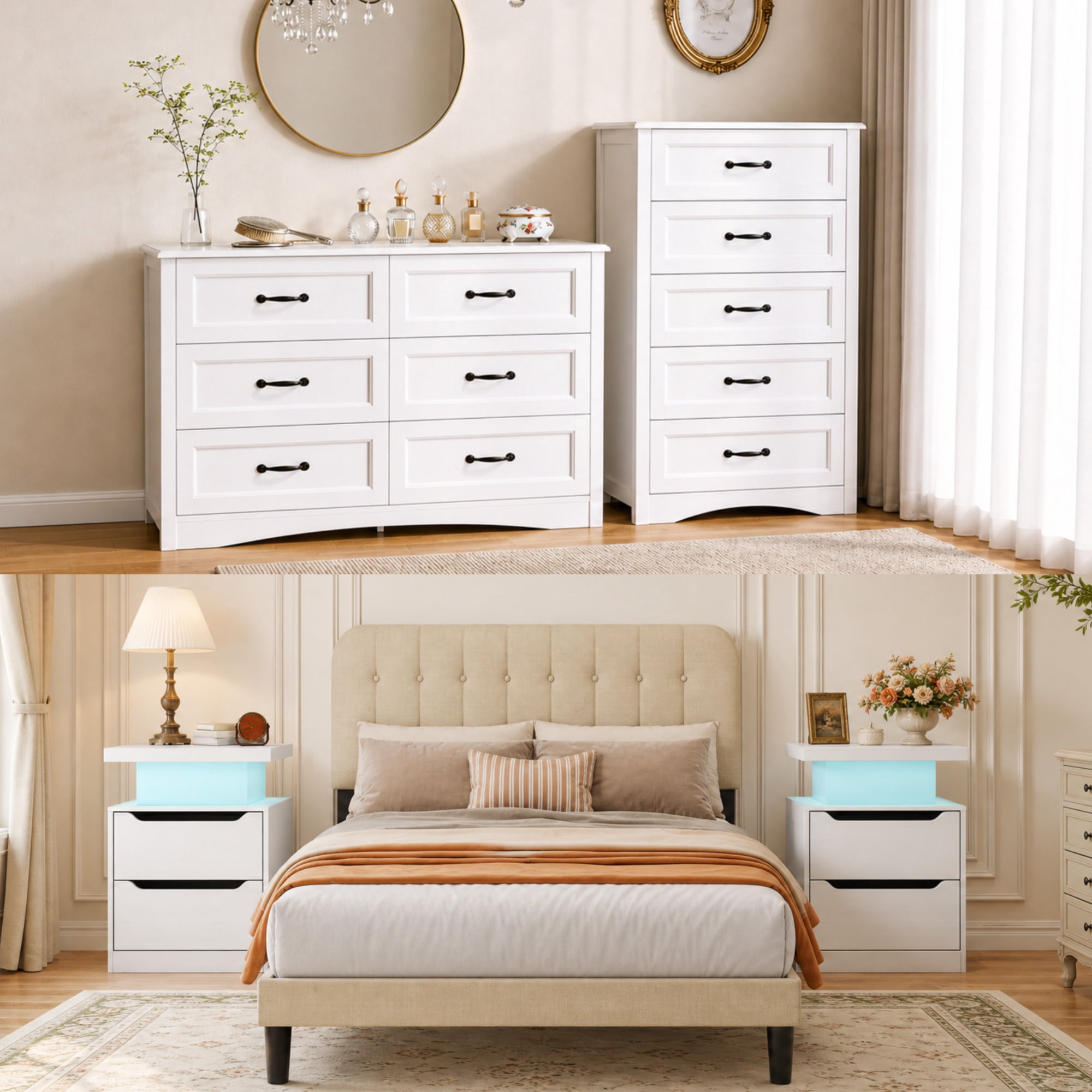 5-Piece Wood Bedroom Set, Queen Bed Frame, 2 Nightstands & 2 Dressers, Complete Master Bedroom Furniture