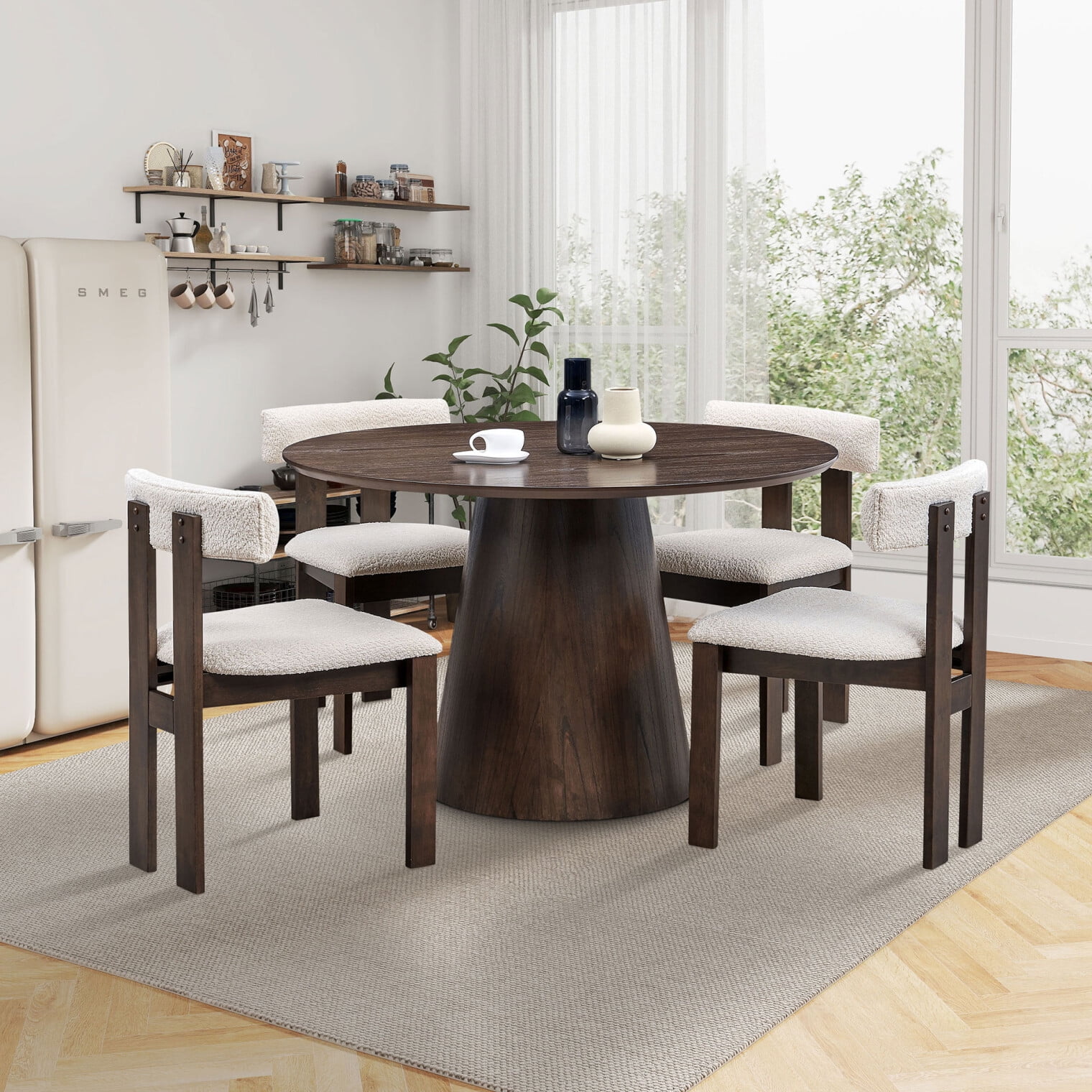 5-Piece Wood Dining Room Table Set for 4, Modern Round Kitchen Table ...