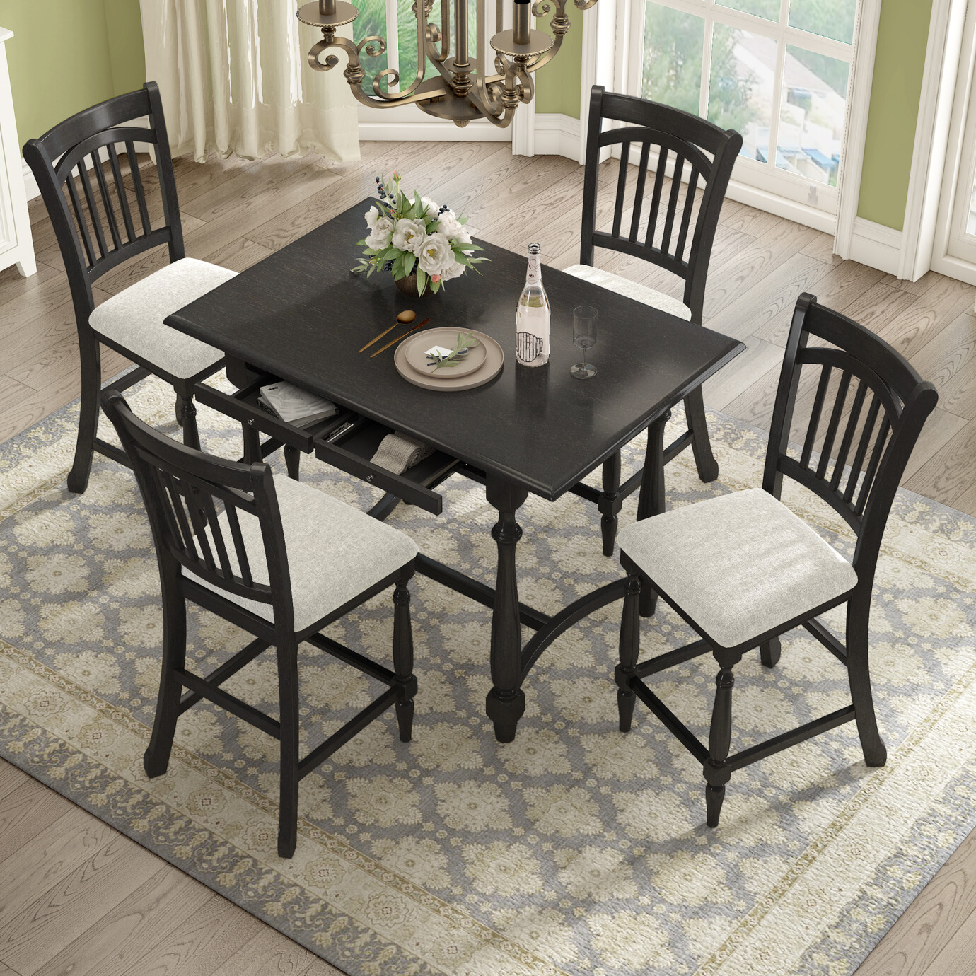 5Piece Wood Dining Table Set MidCentury Farmhouse Kitchen Table and