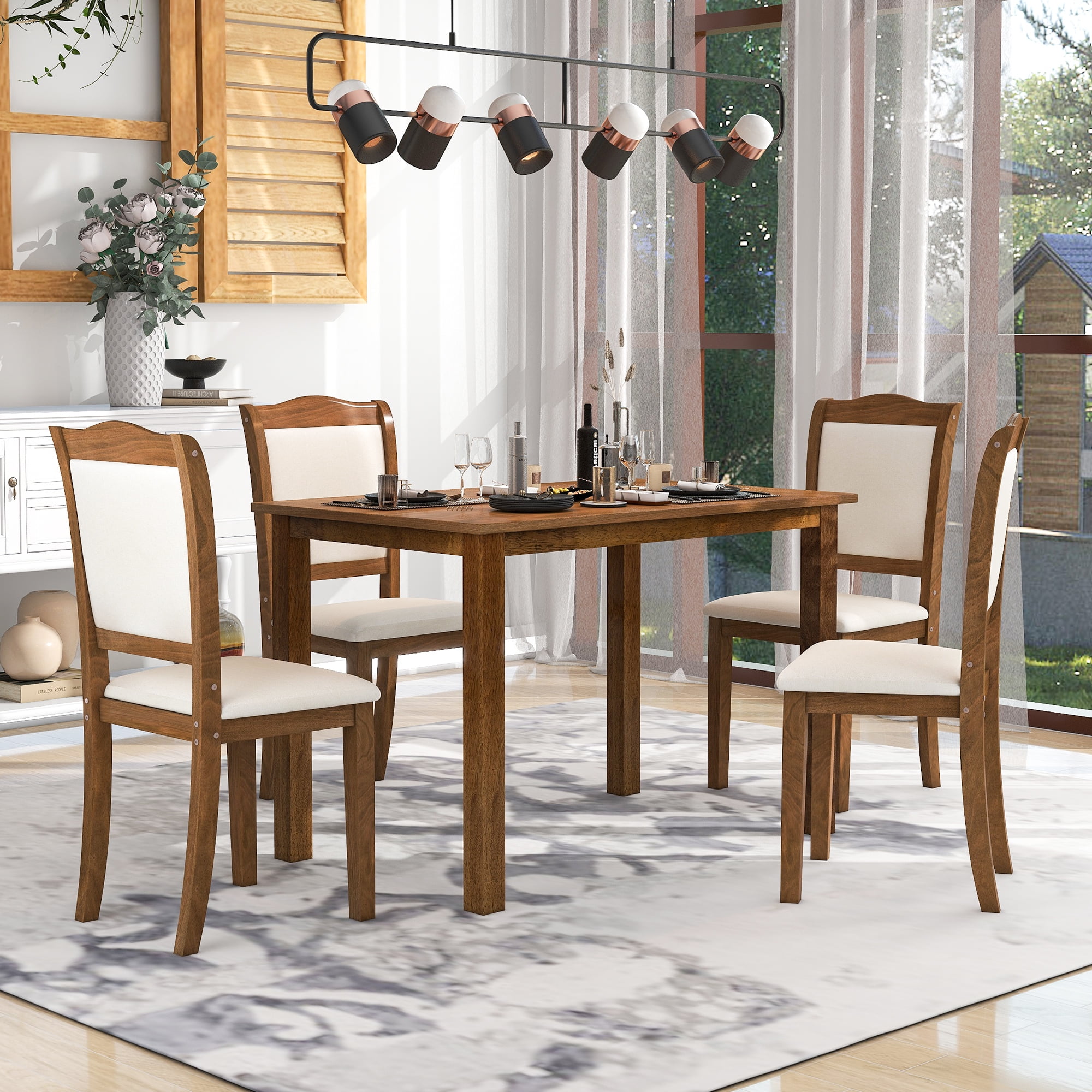 5-Piece Wood Dining Table Set, Rectangular Wood Dining Table Set with 4 Upholstered Chairs for ...