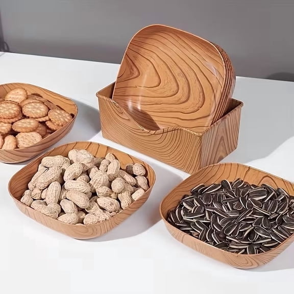 5-Piece Wood Grain Square Plastic Plates Asian Minimalist Dinnerware Set for Dining