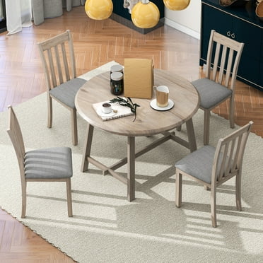 5-Piece Wood Round Dining Table Set, Extendable Circle Dining Table with 4 Dining Chairs, Table and Chairs Set for Kitchen Dining Room