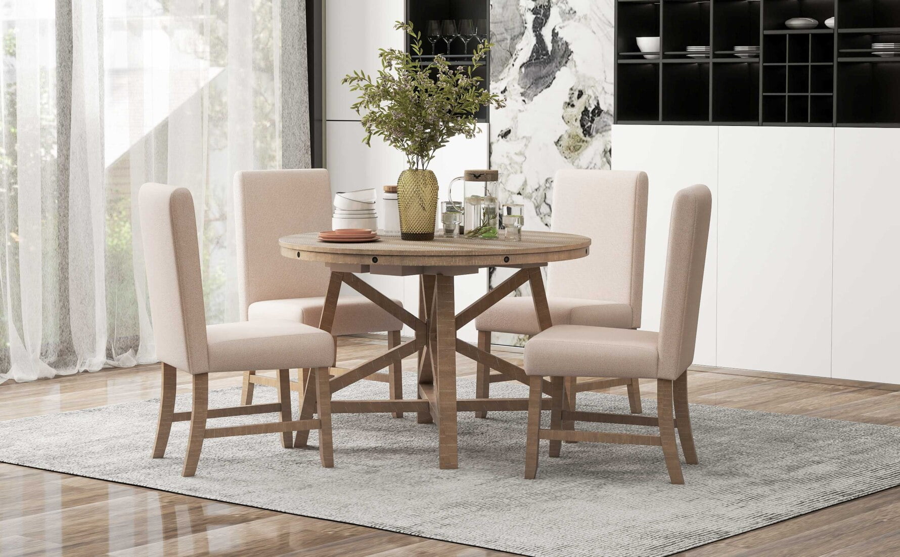 5 Piece Wood Round Dining Table Set, Extendable Round Table Set with ...