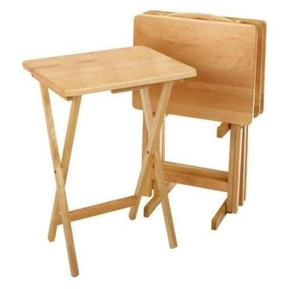 5-Piece Wooden Alex Snack Table Set Folding TV Tray Portable Laptop Stand Compact Gaming Desk Space Saving Sturdy Lightweight & Multipurpose for Living Room Bedroom Office Natural Finish
