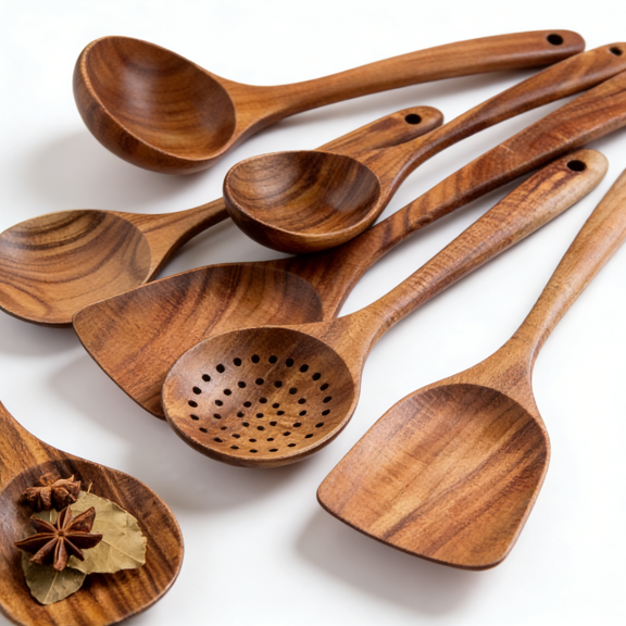 5-Piece Wooden Cooking Spoon and Ladle Set, Boho Kitchen Utensils, Natural Wood Pattern Cooking Tools for Nonstick Cookware, Rustic Kitchen Gadgets