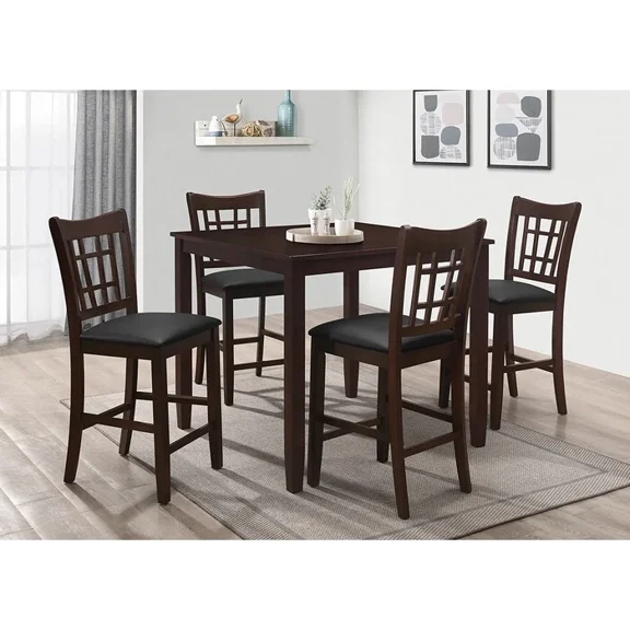 5 Piece Wooden Counter Dining Set, Square Dinind Table, Grid Back Counter Height Chairs, Brown