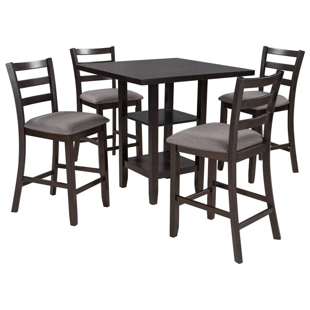 5-Piece Wooden Counter Height Dining Set with Chairs and Storage Shelf ...