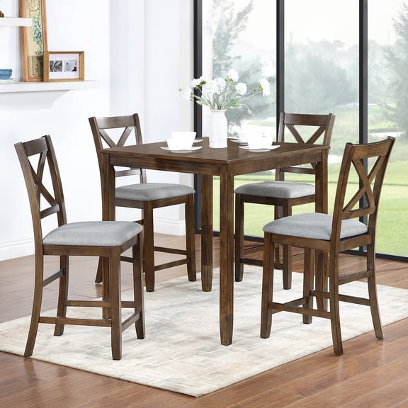 5 Piece Wooden Dining Table Set - Counter Height, 4 Upholstered Chairs, Walnut Finish