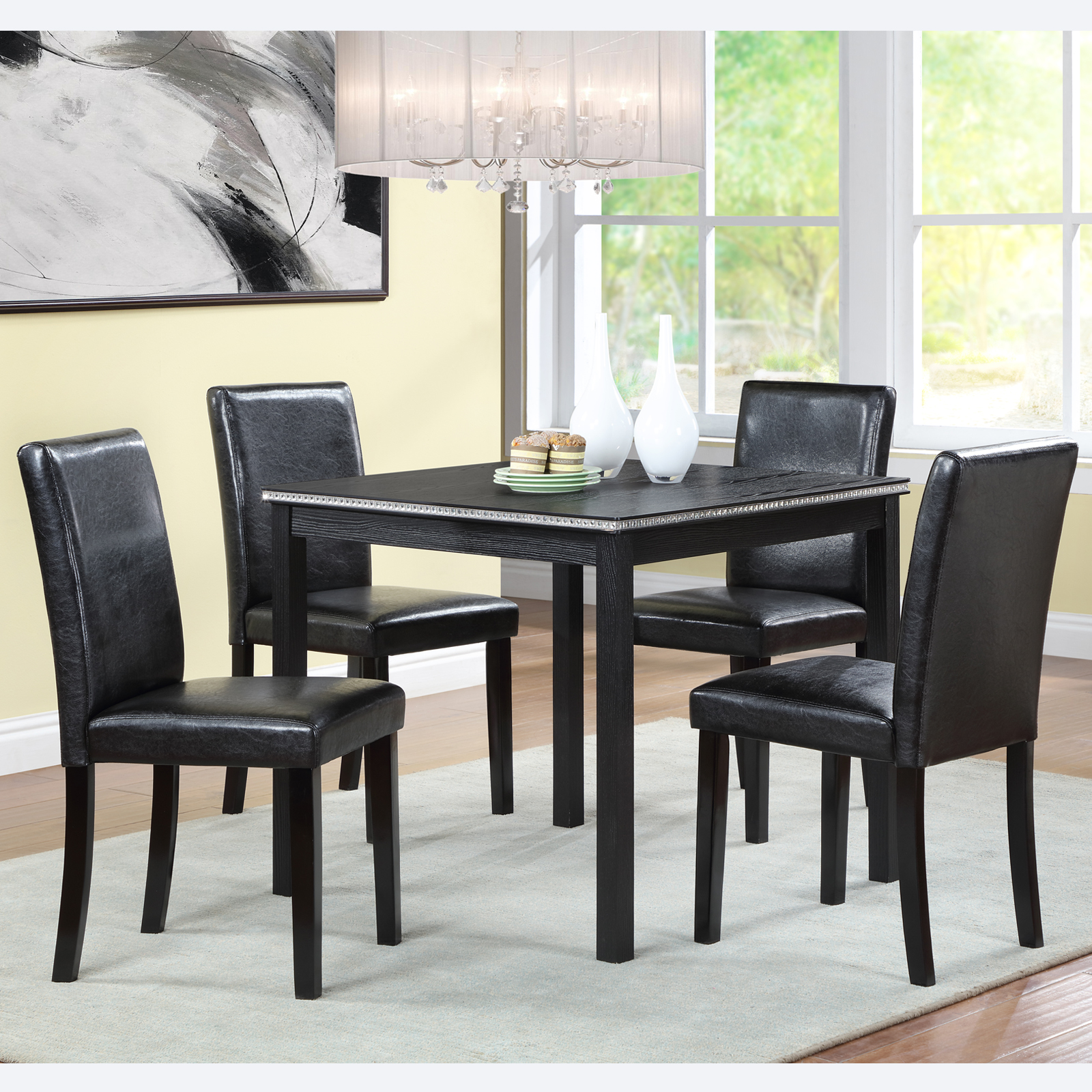 5 Piece Wooden Dining Table Set Kitchen Table Set with a Square Table and 4 Upholstered Chairs Wooden Dining Room Table with Crystal Decoration and Chairs Set for Kitchen Dining Room Black