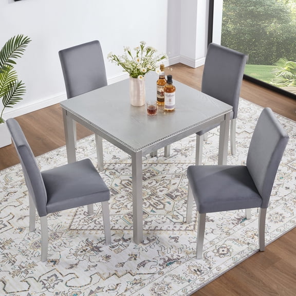 5-Piece Wooden Dining Table Set, Silver Grey Square Table with 4 Upholstered Chairs, Acacia Wood Kitchen Table Set with Crystal Decor for Dining Room