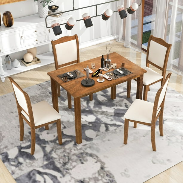 5 Piece Wooden Dining Table Set Simple Kitchen Table and Padded Chairs Set for 4 Person Modern Counter Height Dining Room Table Set Home
