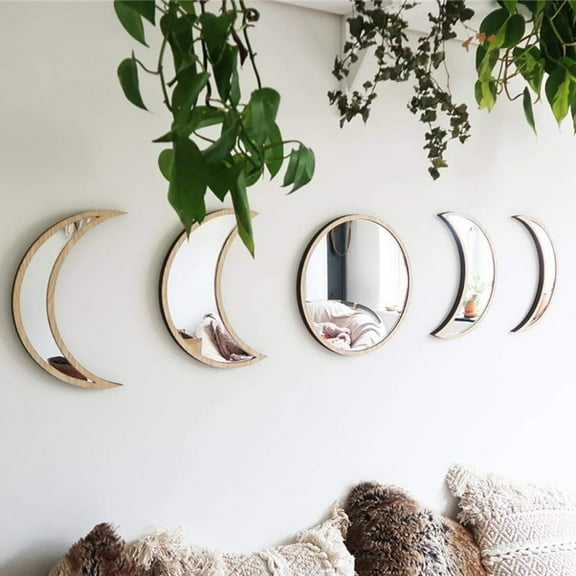 5-Piece Wooden Moon Phase Wall Decor, Scandinavian Bohemian Acrylic Mirror Wall Art Set for Living Room Bedroom Home Decoration