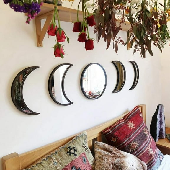5-Piece Wooden Moon Phase Wall Decor, Scandinavian Bohemian Acrylic Mirror Wall Art Set for Living Room Bedroom Home Decoration