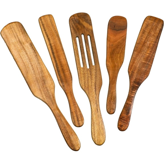5 Piece Wooden Spurtle Spatula Set, Premium Natural Teak Wood Spurtles Cooking Utensils Kitchen Tools for Sourdough Starter, Serving, Stirring, Mixing, Scraping