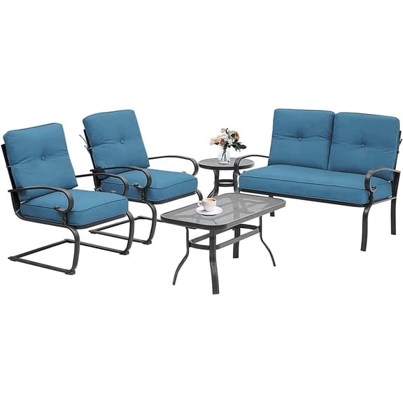 5 Piece Wrought Iron Patio Furniture Set Metal Outdoor Conversation Sets (Loveseat, Coffee Table and Bistro Table, 2 Spring Chair) with Cushion (Peacock Blue)