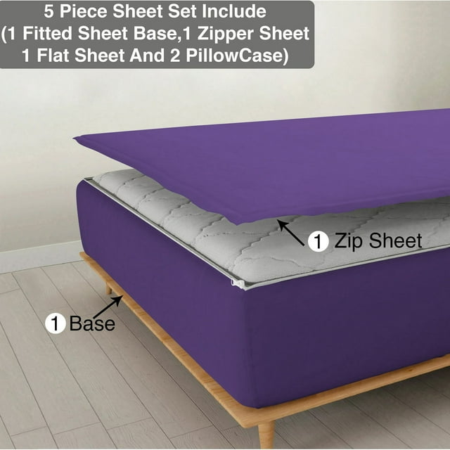 5 Piece Sheet has Zipper Sheet Set, Full Size 10 Inch Deep Pocket, 800 TC, Solid Purple Color.