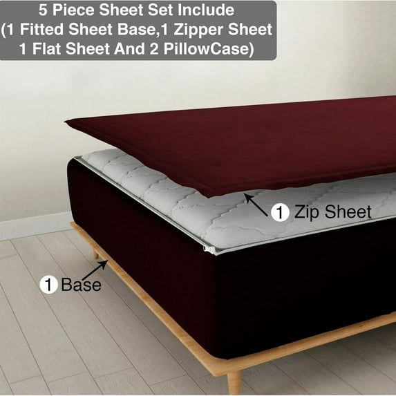 5 Piece Sheet has Zipper Sheet Set, Full Size 18 Inch Deep Pocket, 800 TC, Solid Wine Color.