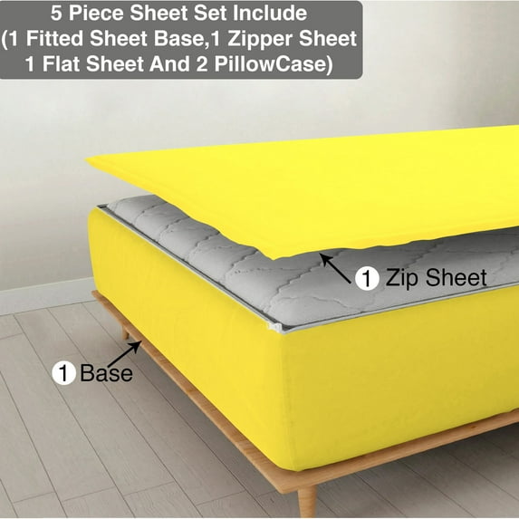 5 Piece Sheet has Zipper Sheet Set, King Size 26 Inch Deep Pocket, 800 TC, Solid Yellow Color.