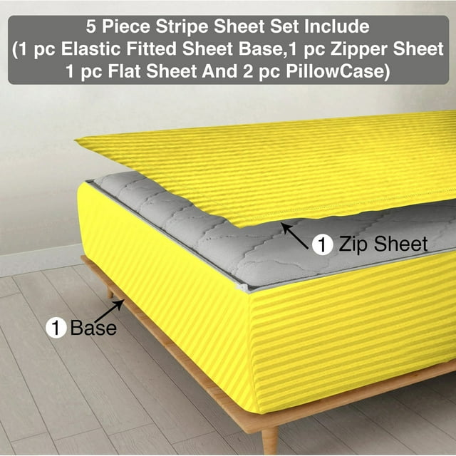 5 Piece Sheet has Zippers Sheet Set, Twin Size 10 Inch Deep Pocket, 800 TC, Stripe Yellow Color.