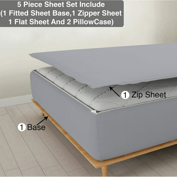 5 Piece Sheet has Zipper Sheet Set, Twin Size 18 Inch Deep Pocket, 800 TC, Solid Silver Color.