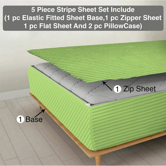 5 Piece Sheet has Zippers Sheet Set, Twin XL Size 6 Inch Deep Pocket, 800 TC, Stripe Sage Color.