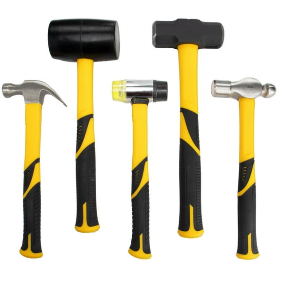 5-Piece forge/Polish Steel Head, Fiberglass Handle Set - 32oz Rubber Mallet | 16oz Claw & Ball-Peen Hammers | 3lb Sledge | 22oz Double-Faced Mallet